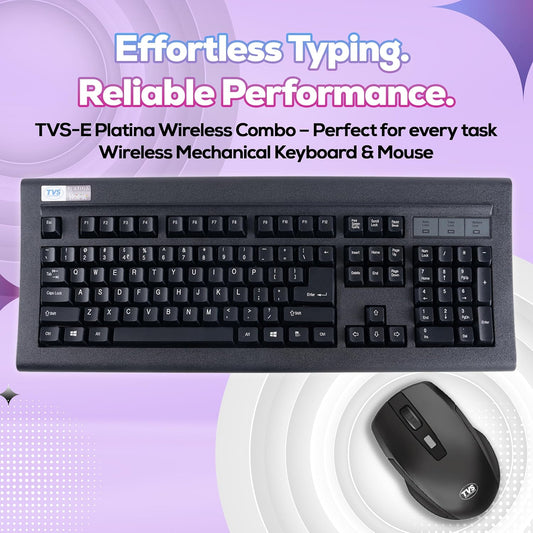 TVS Electronics Platina Wireless Mechanical Keyboard & Mouse Combo | Adujustble Tilt Legs | Laser-Etched Key Caps | Optical Adjustable DPI 1600 | 50M Keystroke | 10M Range | 1-Year Warranty | Black