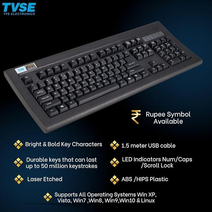 TVS ELECTRONICS Gold Prime Mechanical Wired Keyboard | Dustproof Key switches | Guaranteed 50 Million keystrokes | 1.5 Meter USB Cable, USB Gold Keyboard (Black)