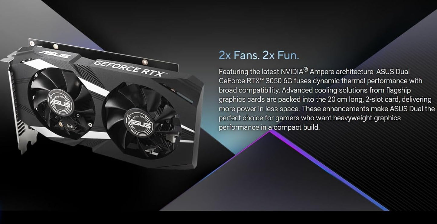 ASUS Dual NVIDIA Geforce RTX 3050 6GB OC Edition Gaming Graphics Card-pci_e_x16 4.0, 6GB GDDR6 Memory, HDMI 2.1, Displayport 1.4A, 2-Slot Design, Axial-Tech Fan Design, 0Db Technology, Steel Bracket