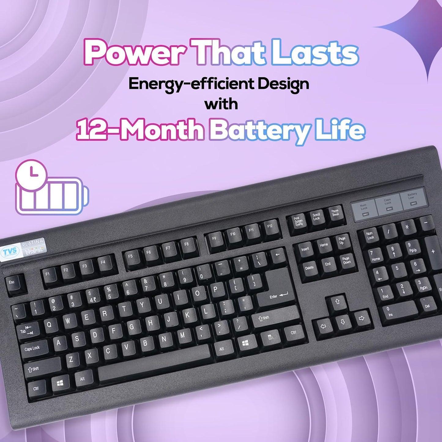 TVS Electronics Platina Wireless Mechanical Keyboard & Mouse Combo | Adujustble Tilt Legs | Laser-Etched Key Caps | Optical Adjustable DPI 1600 | 50M Keystroke | 10M Range | 1-Year Warranty | Black