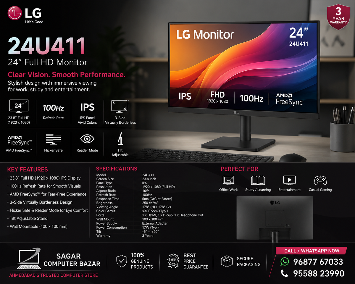 LG 24U411A-B | 23.8" FHD IPS | 120Hz | HDR10 | sRGB 99% | 1ms MBR | AMD FreeSync | 3-Side Borderless