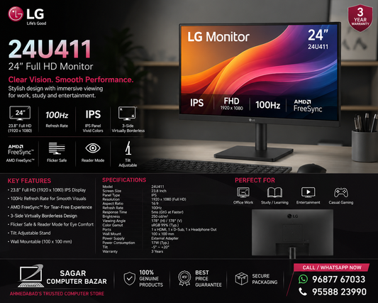 LG 24U411A-B | 23.8" FHD IPS | 120Hz | HDR10 | sRGB 99% | 1ms MBR | AMD FreeSync | 3-Side Borderless